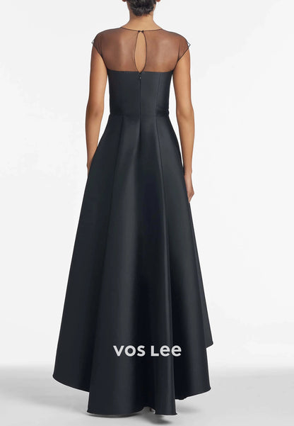 Simple & Classic High Low Illusion Neck Floral Embellished Pleated Mother of Bride Dresses