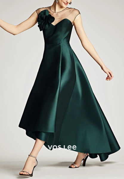 Simple & Classic High Low Illusion Neck Floral Embellished Pleated Mother of Bride Dresses