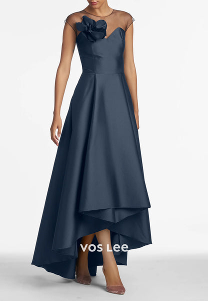 Simple & Classic High Low Illusion Neck Floral Embellished Pleated Mother of Bride Dresses