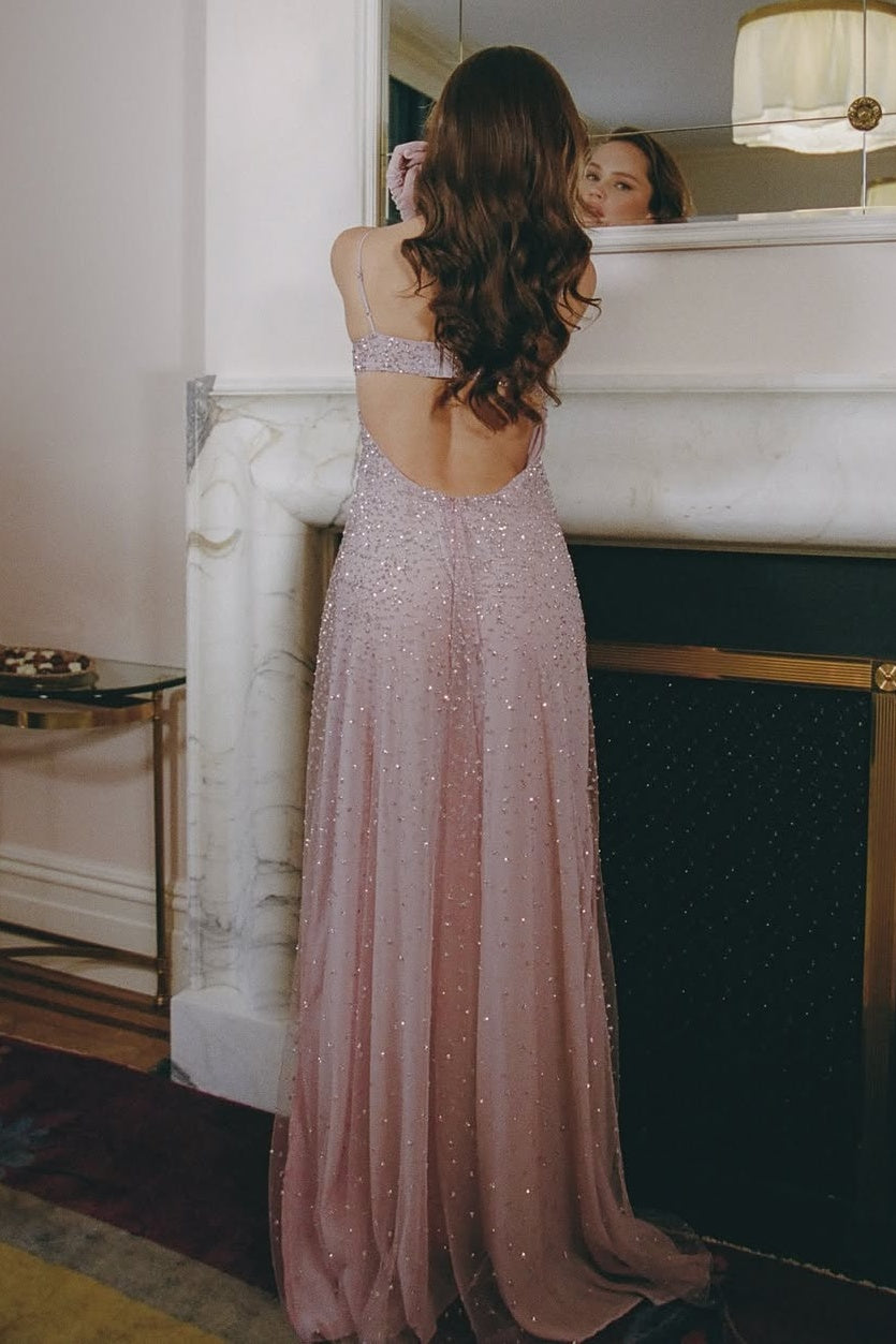 Shine A Line Spaghetti Straps Grey Blue Long Prom Dress with Beading