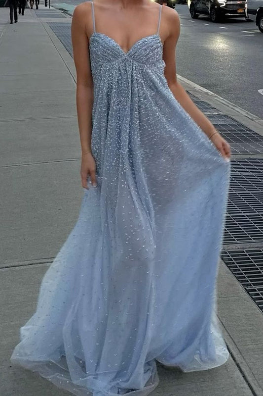 Shine A Line Spaghetti Straps Grey Blue Long Prom Dress with Beading
