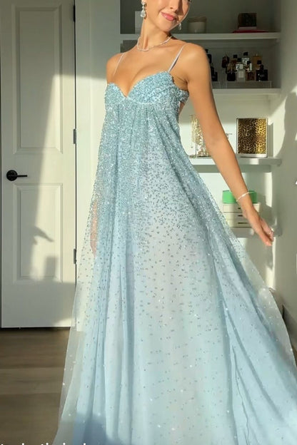 Shine A Line Spaghetti Straps Grey Blue Long Prom Dress with Beading