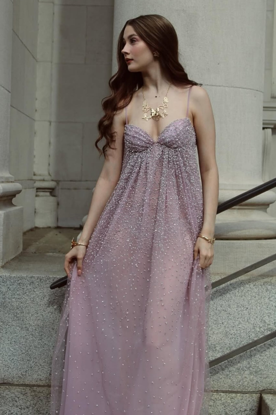 Shine A Line Spaghetti Straps Grey Blue Long Prom Dress with Beading