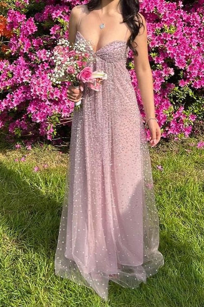 Shine A Line Spaghetti Straps Grey Blue Long Prom Dress with Beading