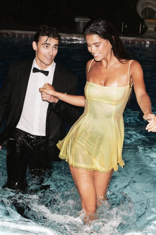 Bling A Line Spaghetti Straps Yellow Sequins Short Homecoming Dress with Criss Cross Back