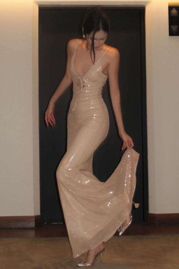 Sparkly Mermaid Spaghetti Straps Light Champagne Sequins Long Prom Dress