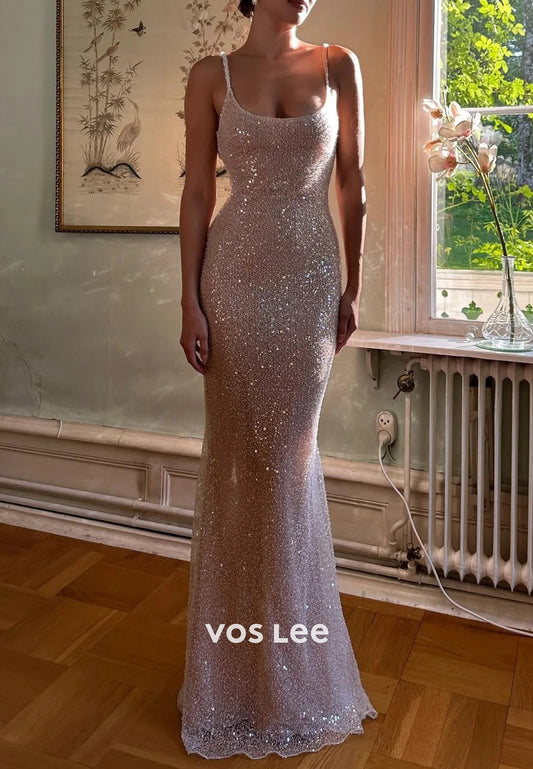 Sexy Spaghetti Straps Scoop Floor-Length Pleated Mermaid Prom Dresses with Split