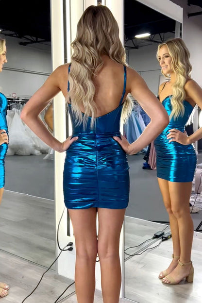 Blue Mermaid Spaghetti Straps Short Metallic Homecoming Dress with Pleating