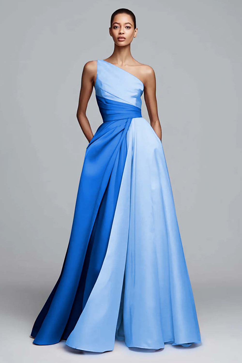 Pink Colorblock A-Line One Shoulder Formal Dress