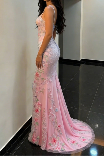 Blush Pink Sparkly Floral Beaded Spaghetti Straps Mermaid Prom Dress