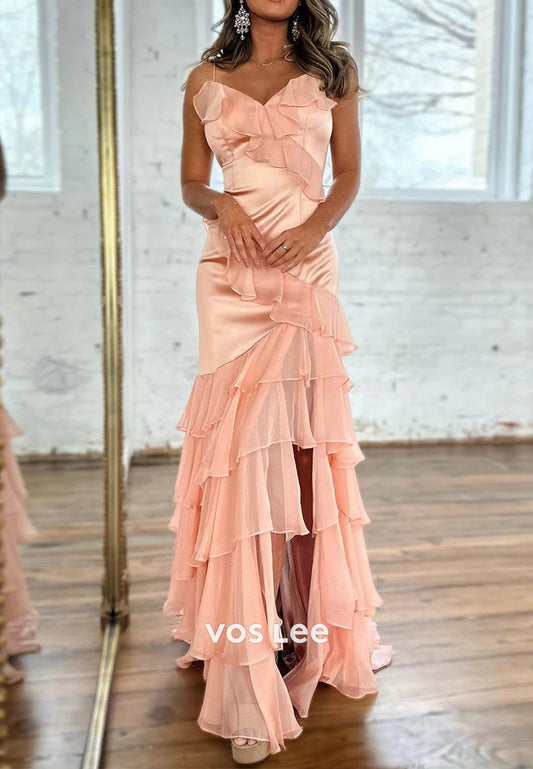 Classic Spaghetti Straps Pleated Floor-Length Mermaid Prom Dresses with Side Split