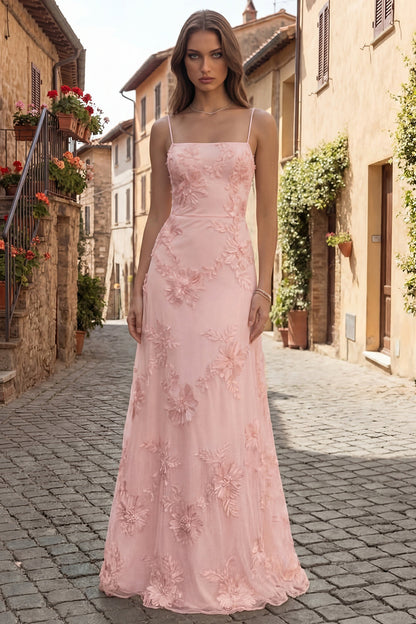 Yellow Spaghetti Straps Floral Long A Line Appliqued Prom Dress