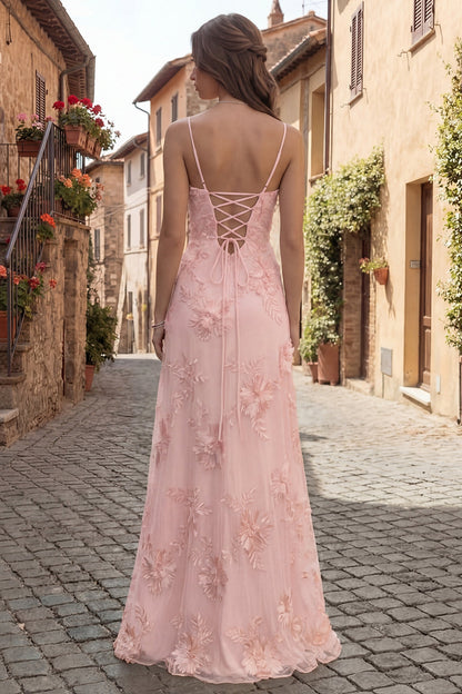 Yellow Spaghetti Straps Floral Long A Line Appliqued Prom Dress