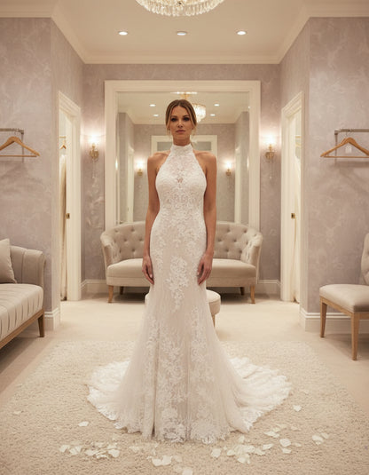 Halter Mermaid Wedding Dress Lace Open Back