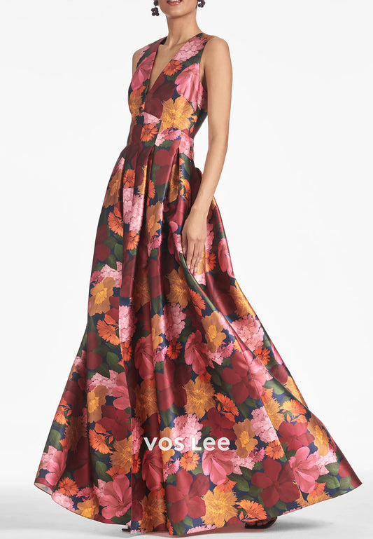 A-Line V Neck Pleated Floor-Length High Split Wedding Guest Dresses with Pockets