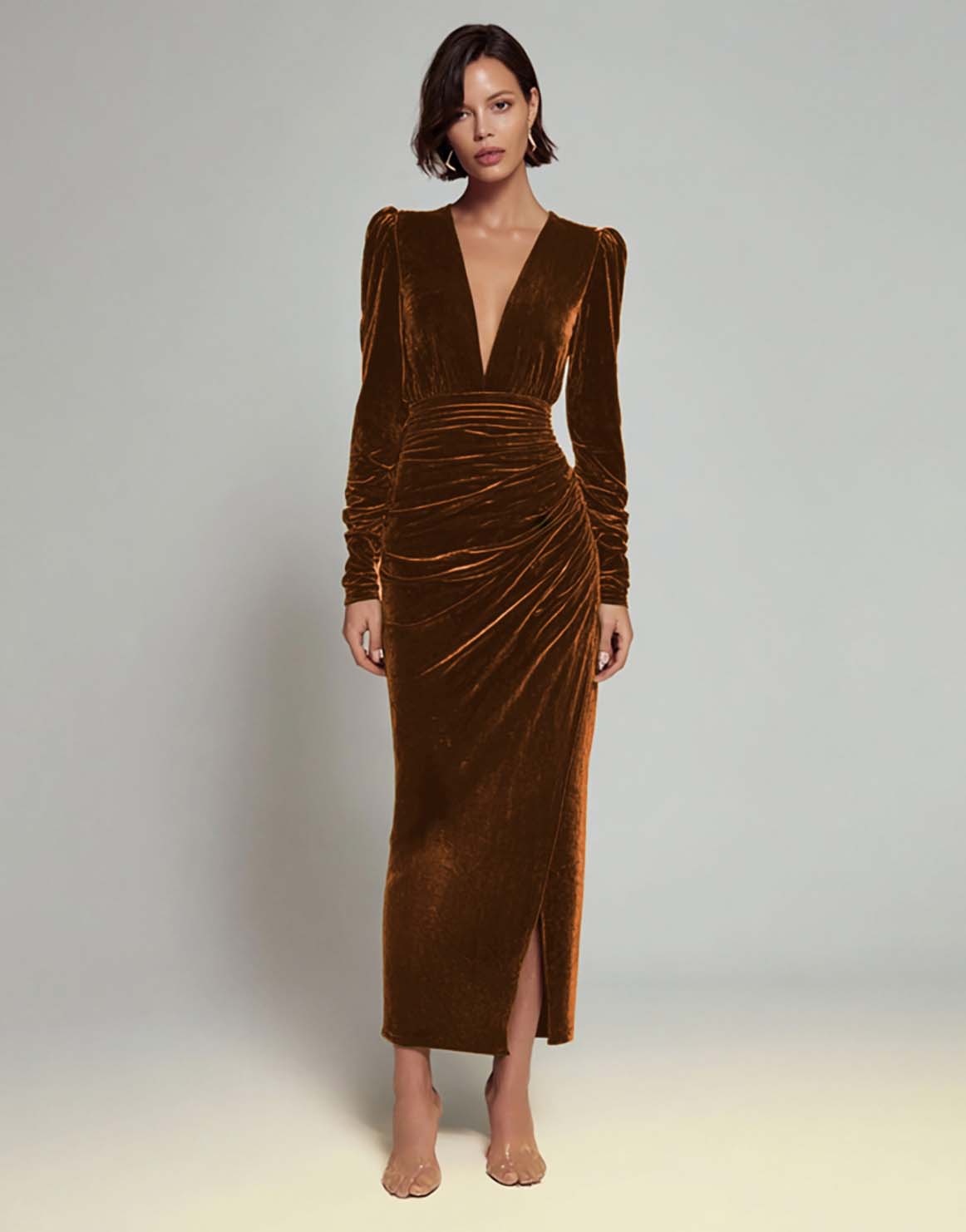Olive Ruched Sheath Long Sleeve Velvet Formal Dress with Slit
