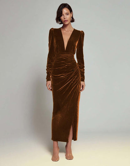 Olive Ruched Sheath Long Sleeve Velvet Formal Dress with Slit