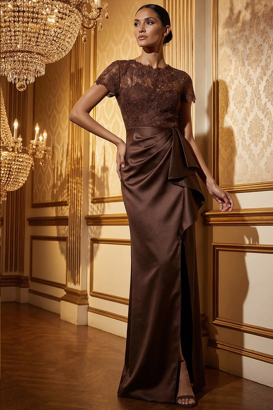 Brown Lace Sleeve Evening Gown | Luxury Draped Maxi Dress