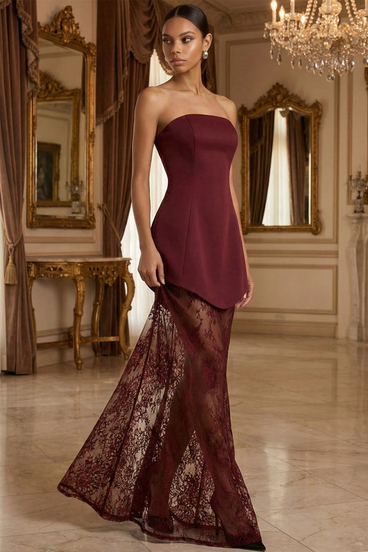 Burgundy Strapless Lace Mermaid Dress | Elegant Evening Gown