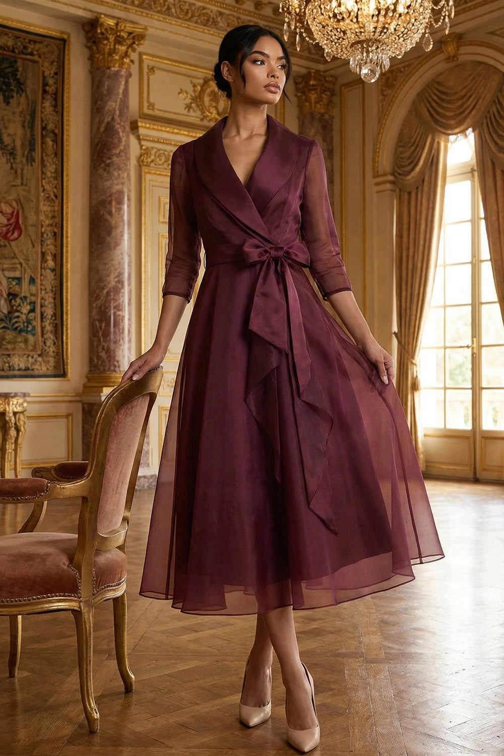V-Neck Midi Dress | Vintage Style A-Line Cocktail Dress
