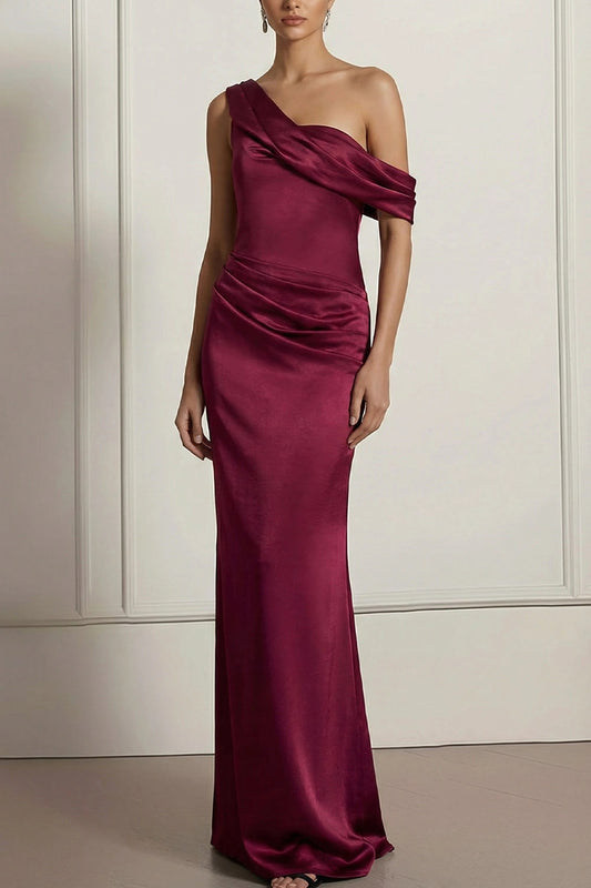 Burgundy One Shoulder Evening Dress | Draped Maxi Gown for Weddings
