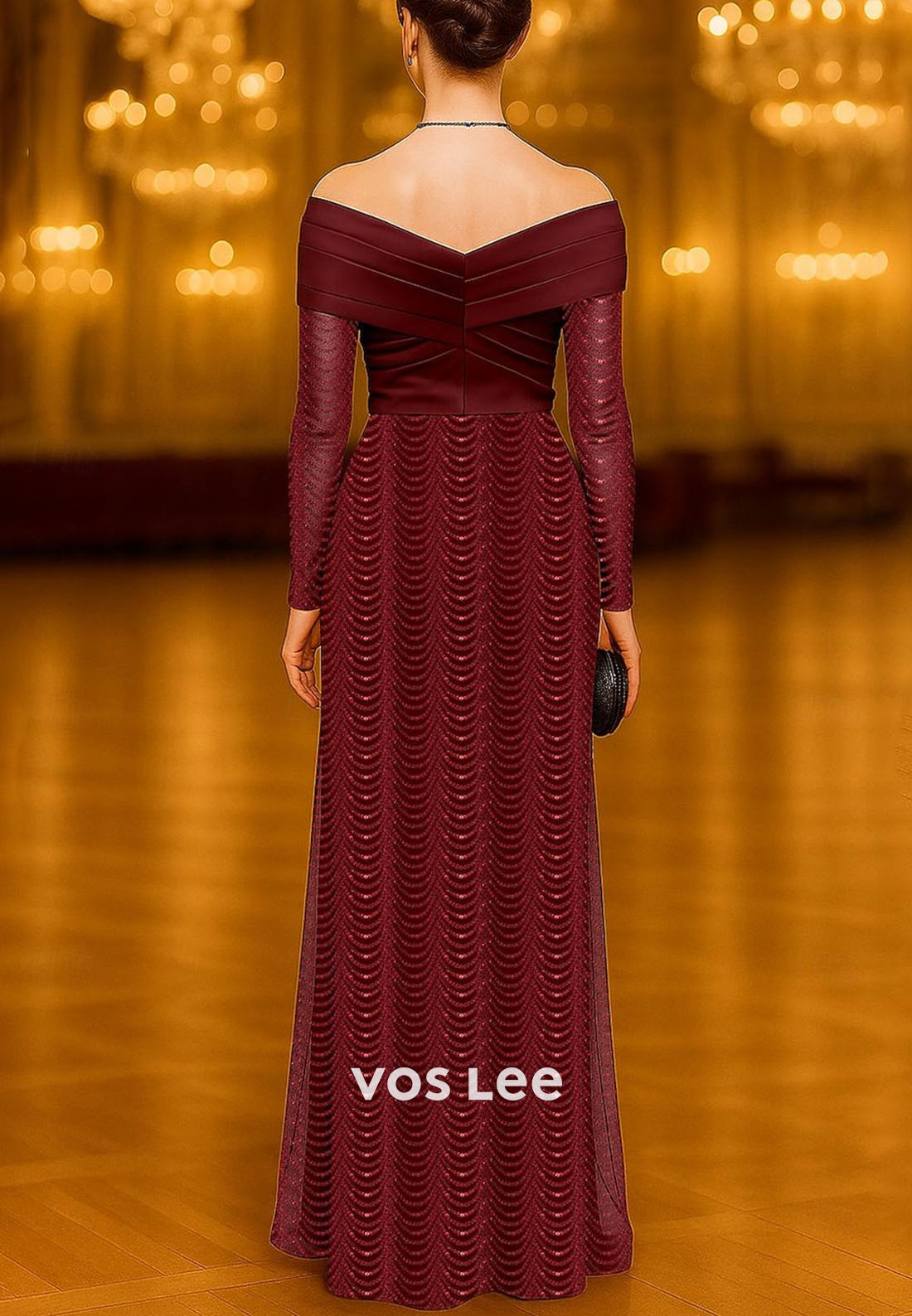 Glitter Sequins Elegant Off Shoulder Long Sleeve Sheath  Evening Gown