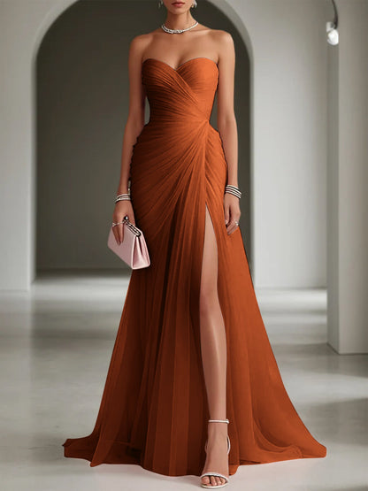 Pink Ruched Slit Tulle Strapless Sleeveless Sheath Gown Dress