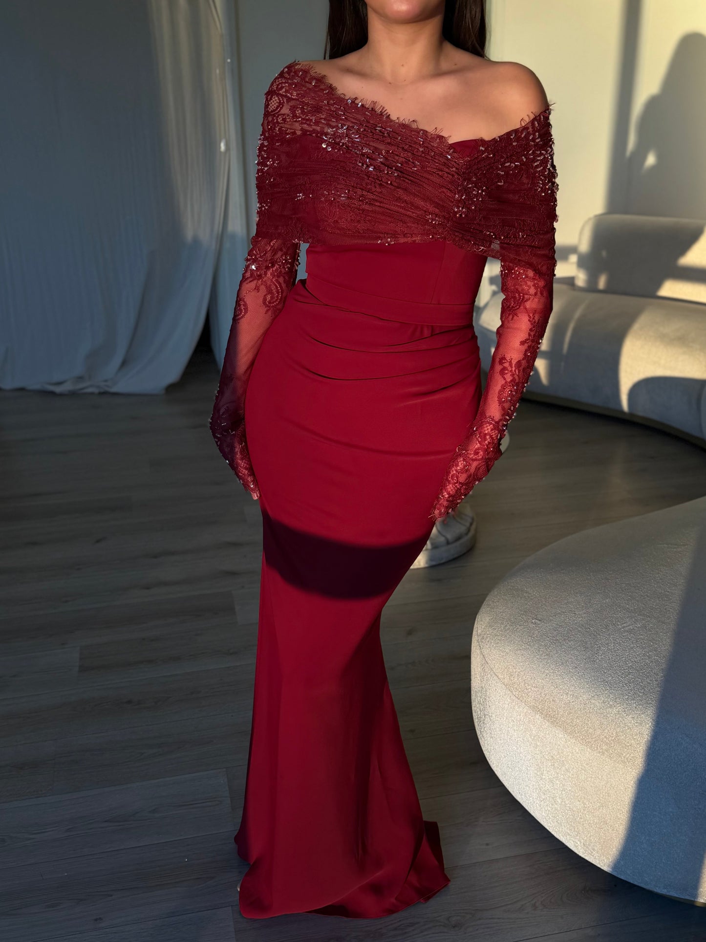 Brown Off Shoulder Long Sleeve Sequin Tassel Mermaid Evening Gown