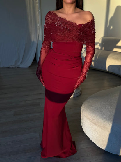 Brown Off Shoulder Long Sleeve Sequin Tassel Mermaid Evening Gown