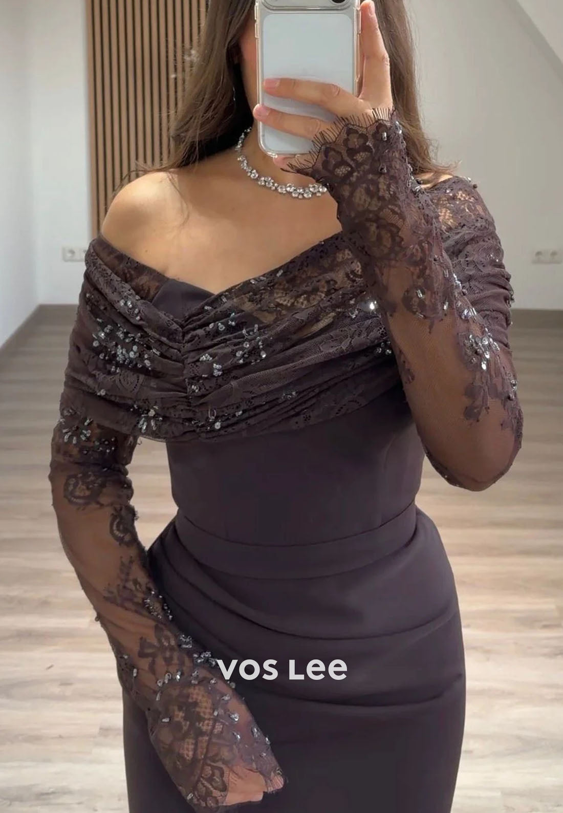 Elegant Off the Shoulder Bead Sequins Lace Long Sleeve Sheath Evening Gowns