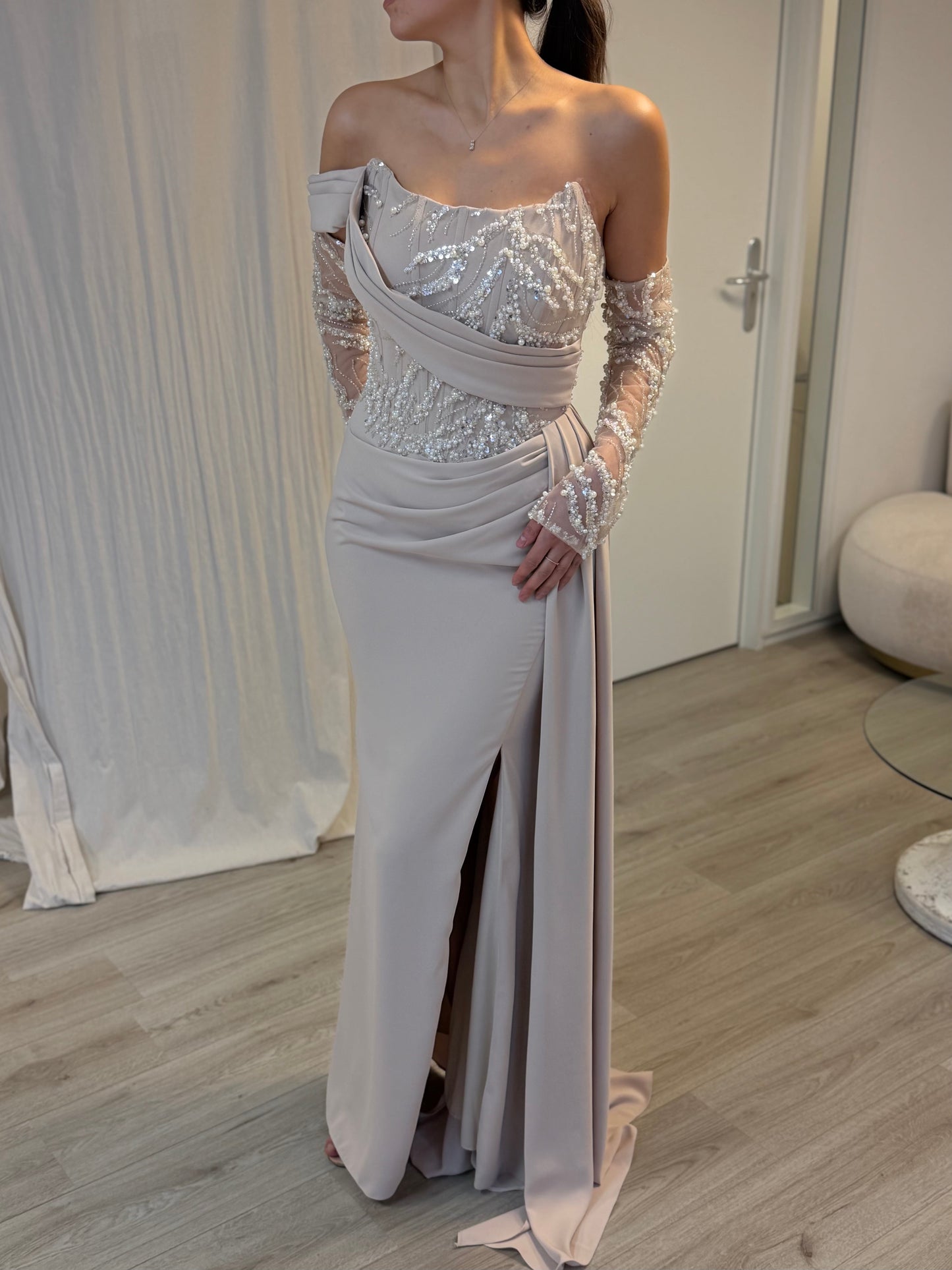 Elegant Off Shoulder Long Sleeve Lace Mermaid Gown with Side Slit