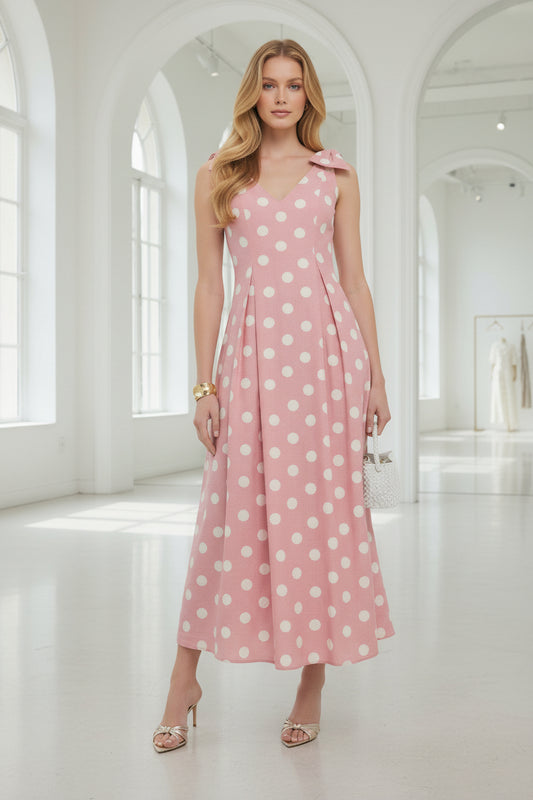 Polka Dot V-Neck Bow Shoulder A-Line Maxi Dress