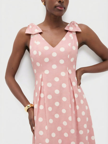 Polka Dot V-Neck Bow Shoulder A-Line Maxi Dress