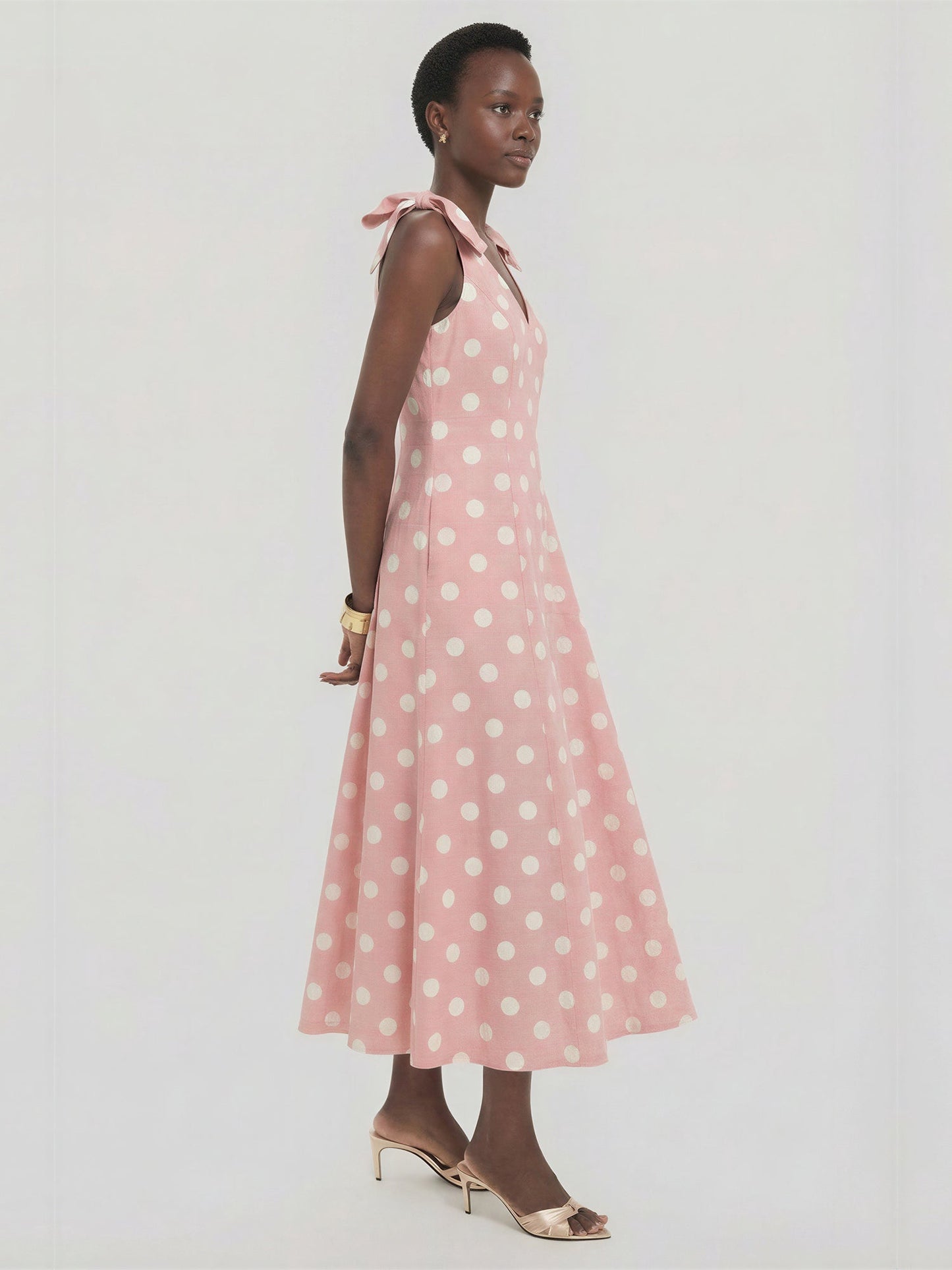 Polka Dot V-Neck Bow Shoulder A-Line Maxi Dress