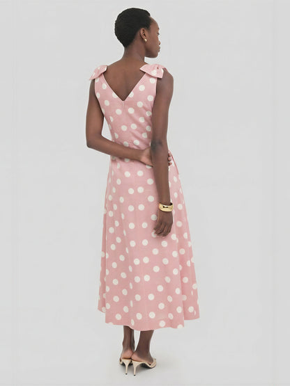 Polka Dot V-Neck Bow Shoulder A-Line Maxi Dress