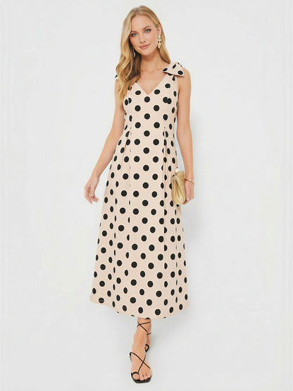 Polka Dot V-Neck Bow Shoulder A-Line Maxi Dress