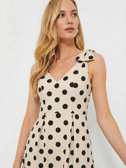 Polka Dot V-Neck Bow Shoulder A-Line Maxi Dress