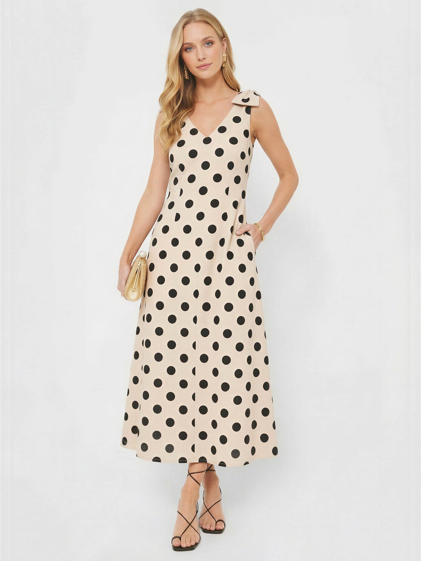 Polka Dot V-Neck Bow Shoulder A-Line Maxi Dress