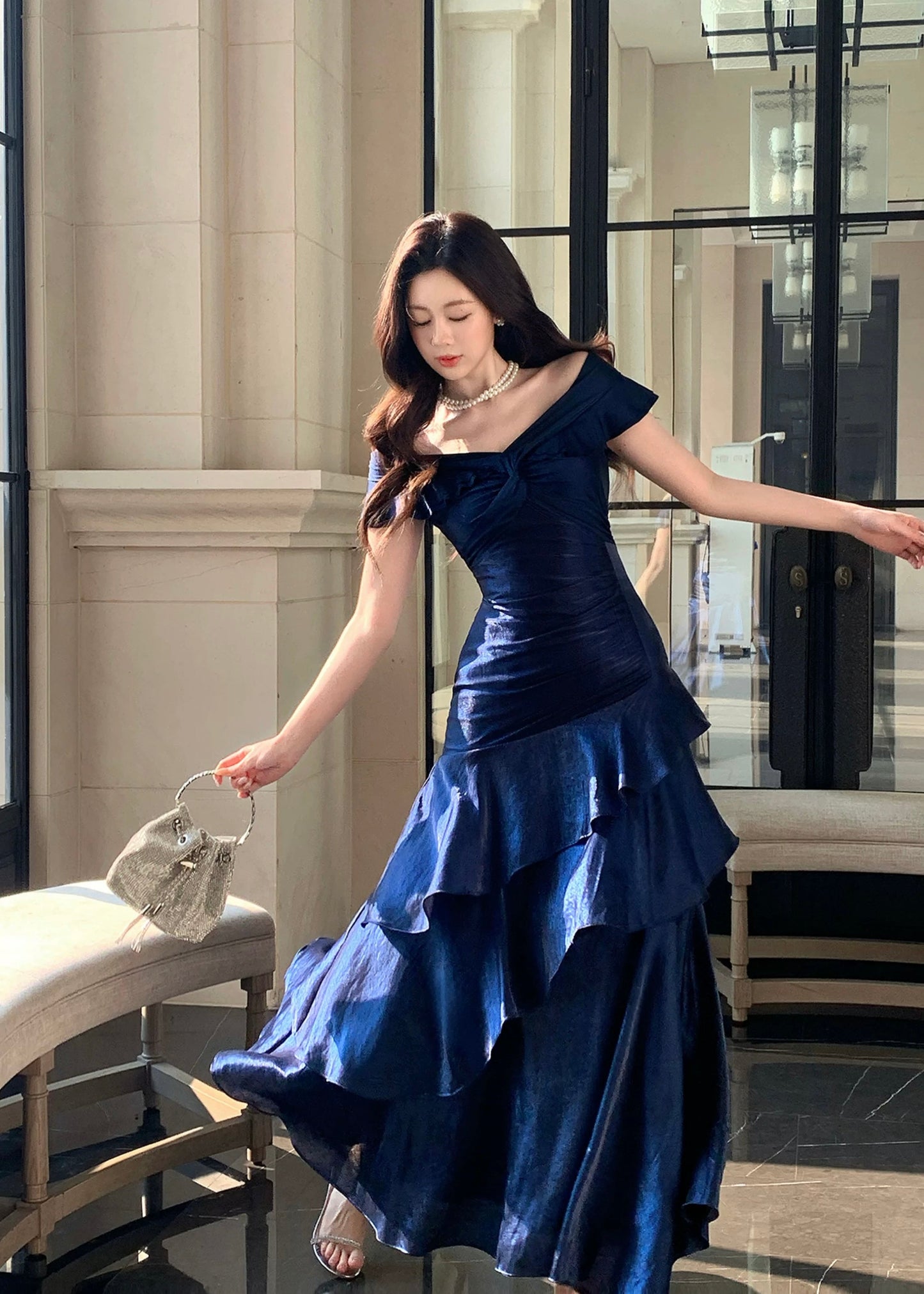 Luxury Navy Blue Ruffled Mermaid Dress – Perfect for Wedding & Gala