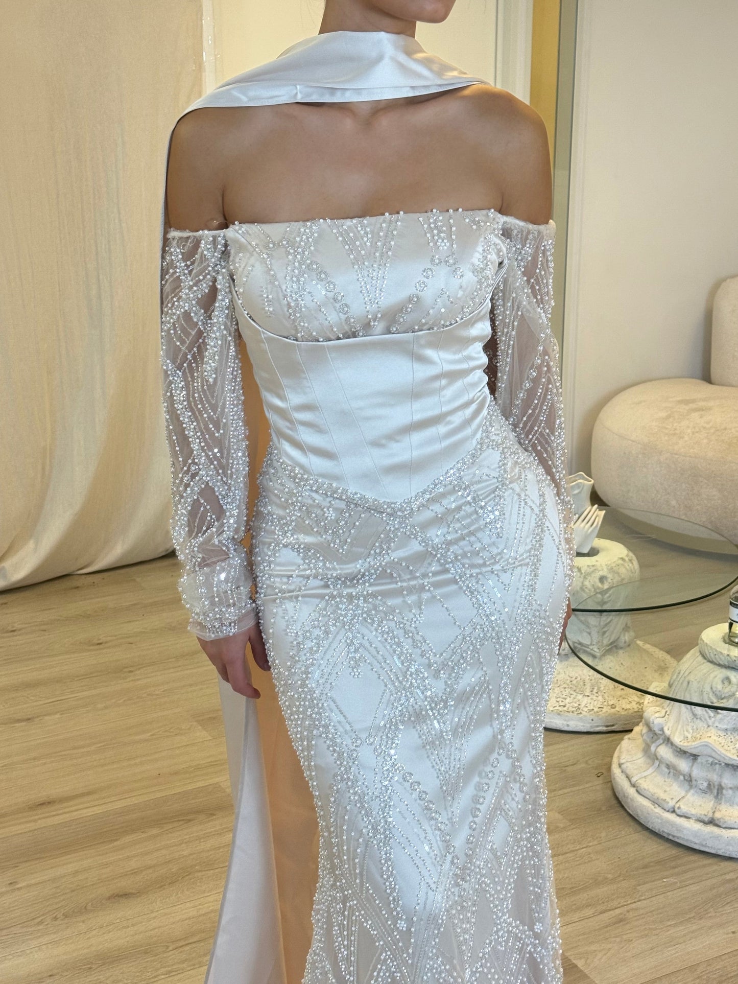 Elegant Pearl Beaded Mermaid Evening Gown | Off-Shoulder Long Sleeves  with Removable Cape