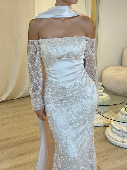 Elegant Pearl Beaded Mermaid Evening Gown | Off-Shoulder Long Sleeves  with Removable Cape