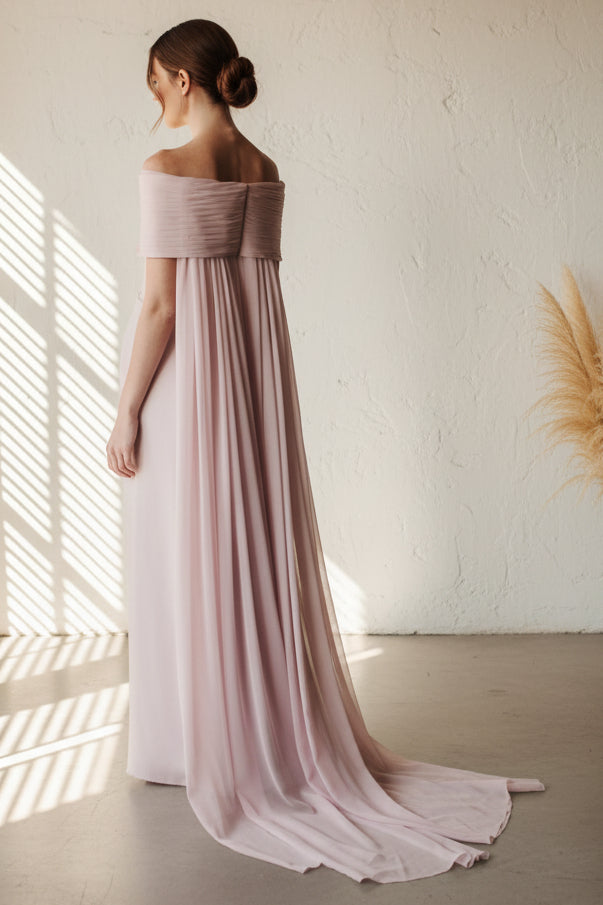 Off Shoulder Ripple Collar Gown with Silk Back Floats