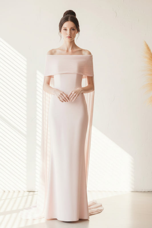 Off Shoulder Ripple Collar Gown with Silk Back Floats