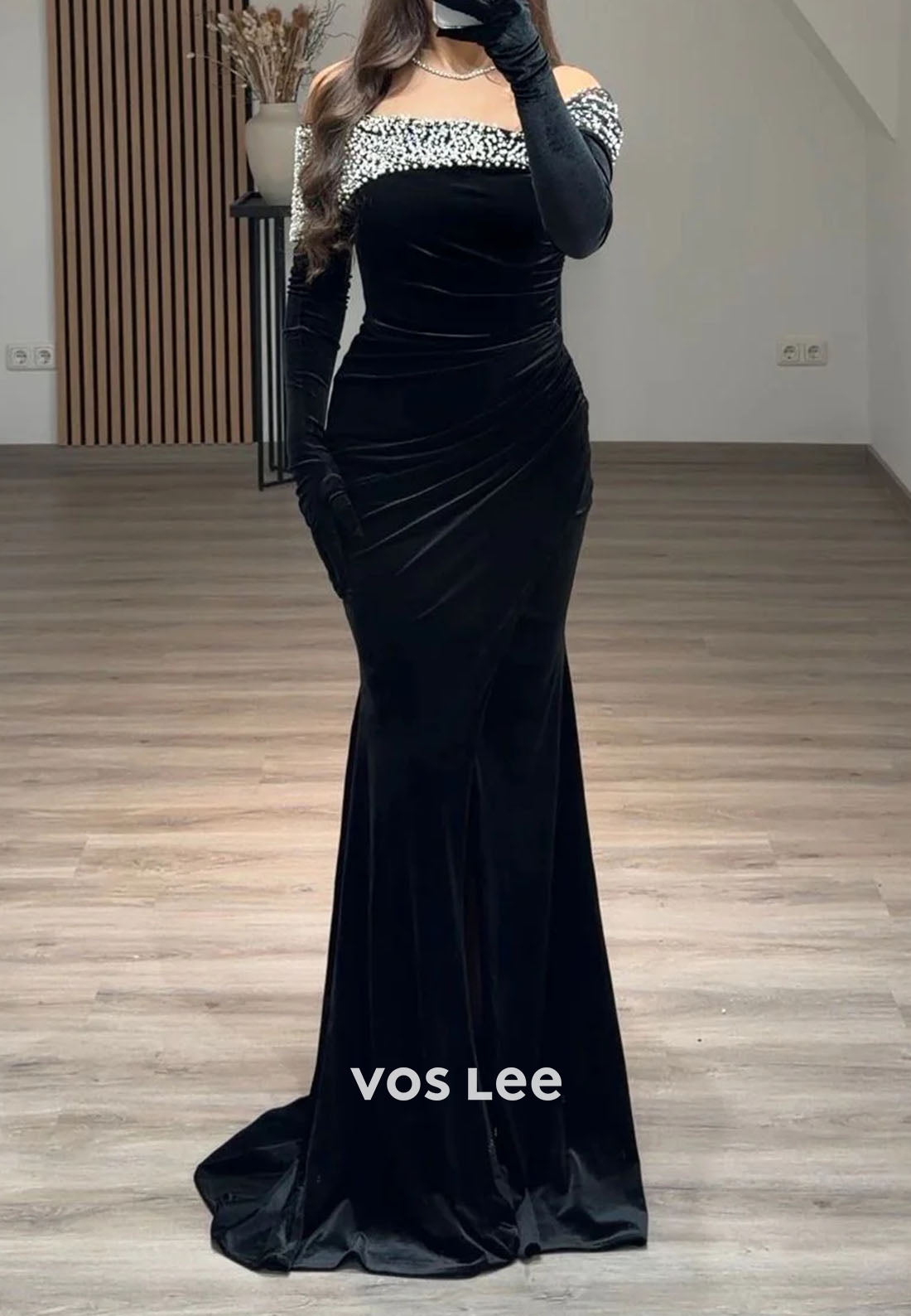 Off the Shoulder Pearls Bead Long Sleeve Evening Gowns