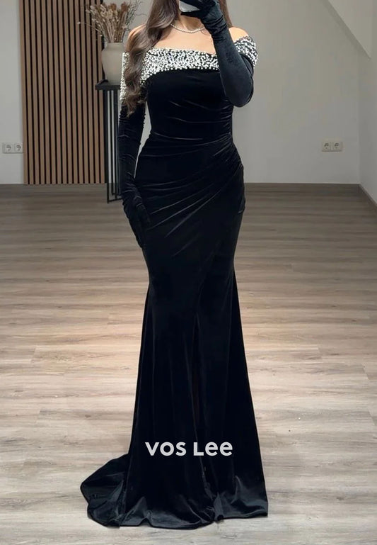 Off the Shoulder Pearls Bead Long Sleeve Evening Gowns