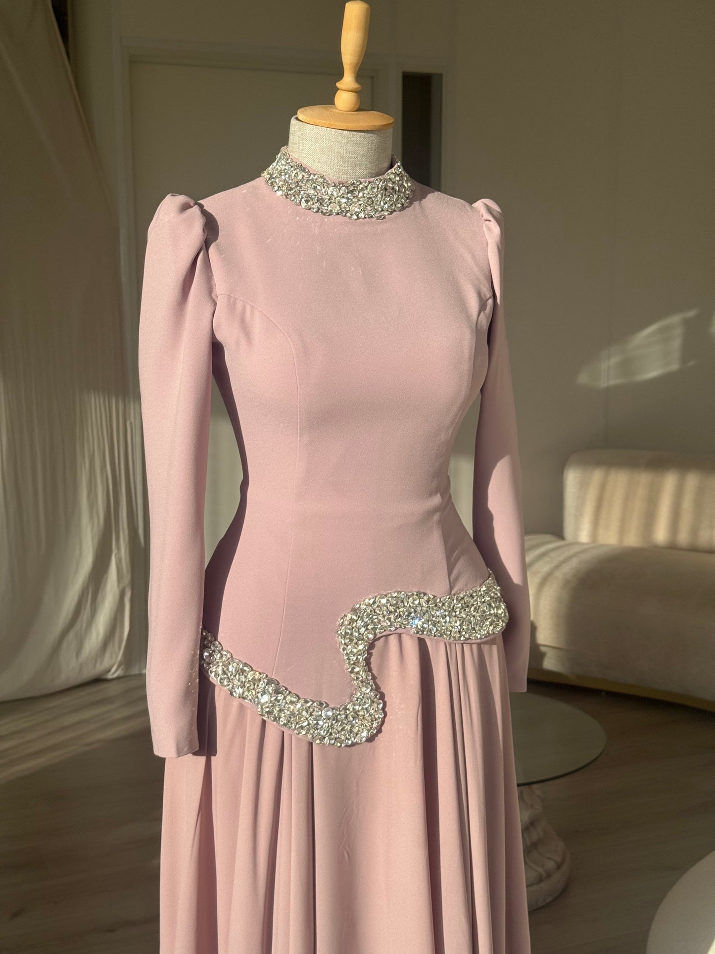 Dusty Pink High Neck Long Sleeve Crystal Waist A-Line Formal Evening Gown