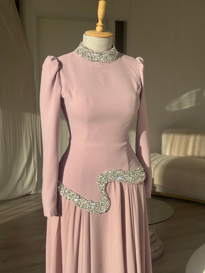 Dusty Pink High Neck Long Sleeve Crystal Waist A-Line Formal Evening Gown