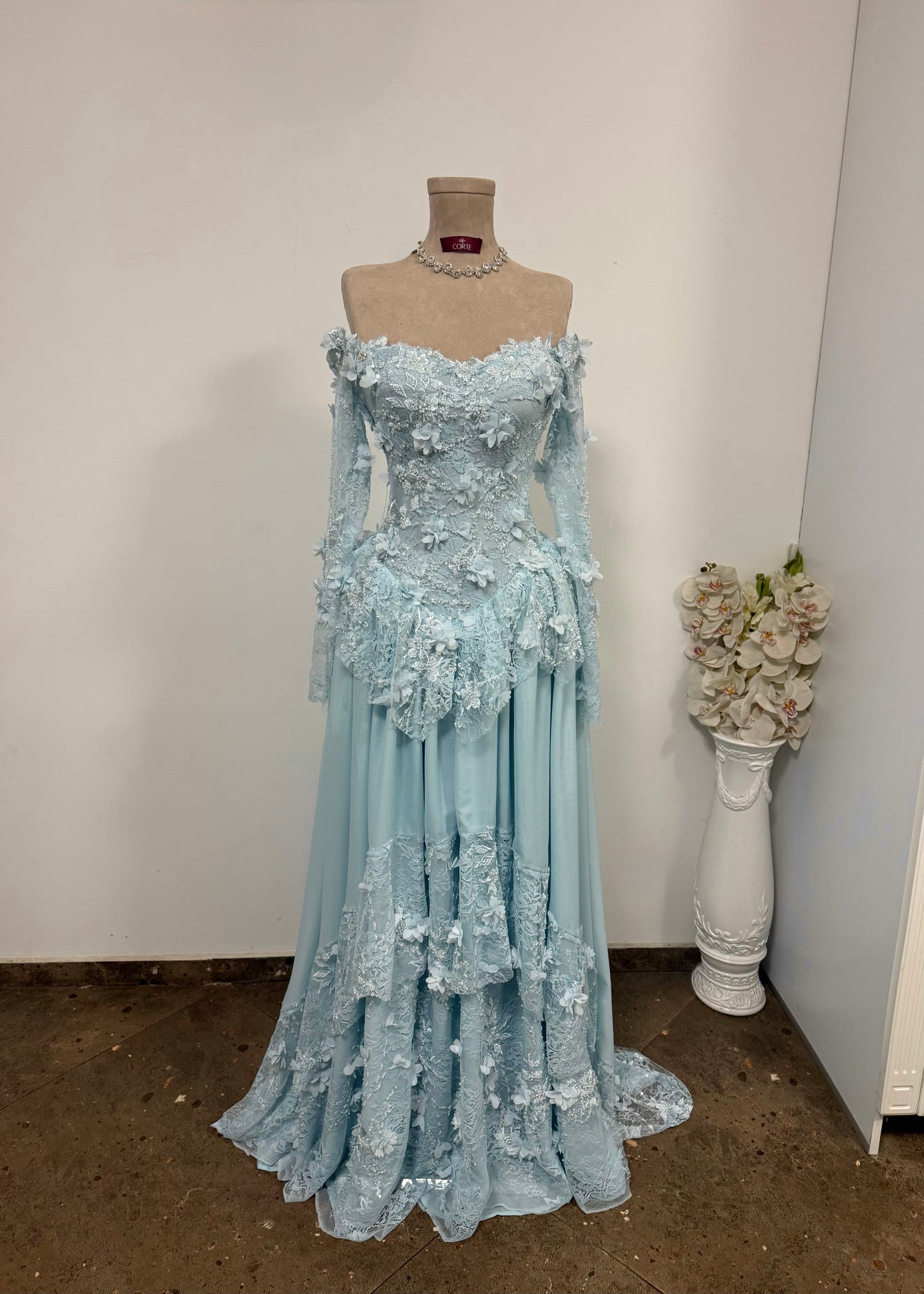 Off Shoulder Blue Floral Applique Prom Dress Long Sleeve A-Line Evening Gown