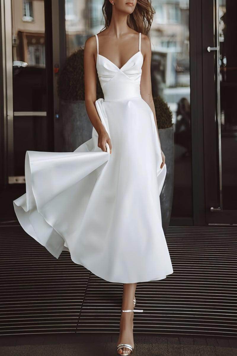 Elegant Tea-Length Wedding Dress with Pockets for Civil Ceremonies