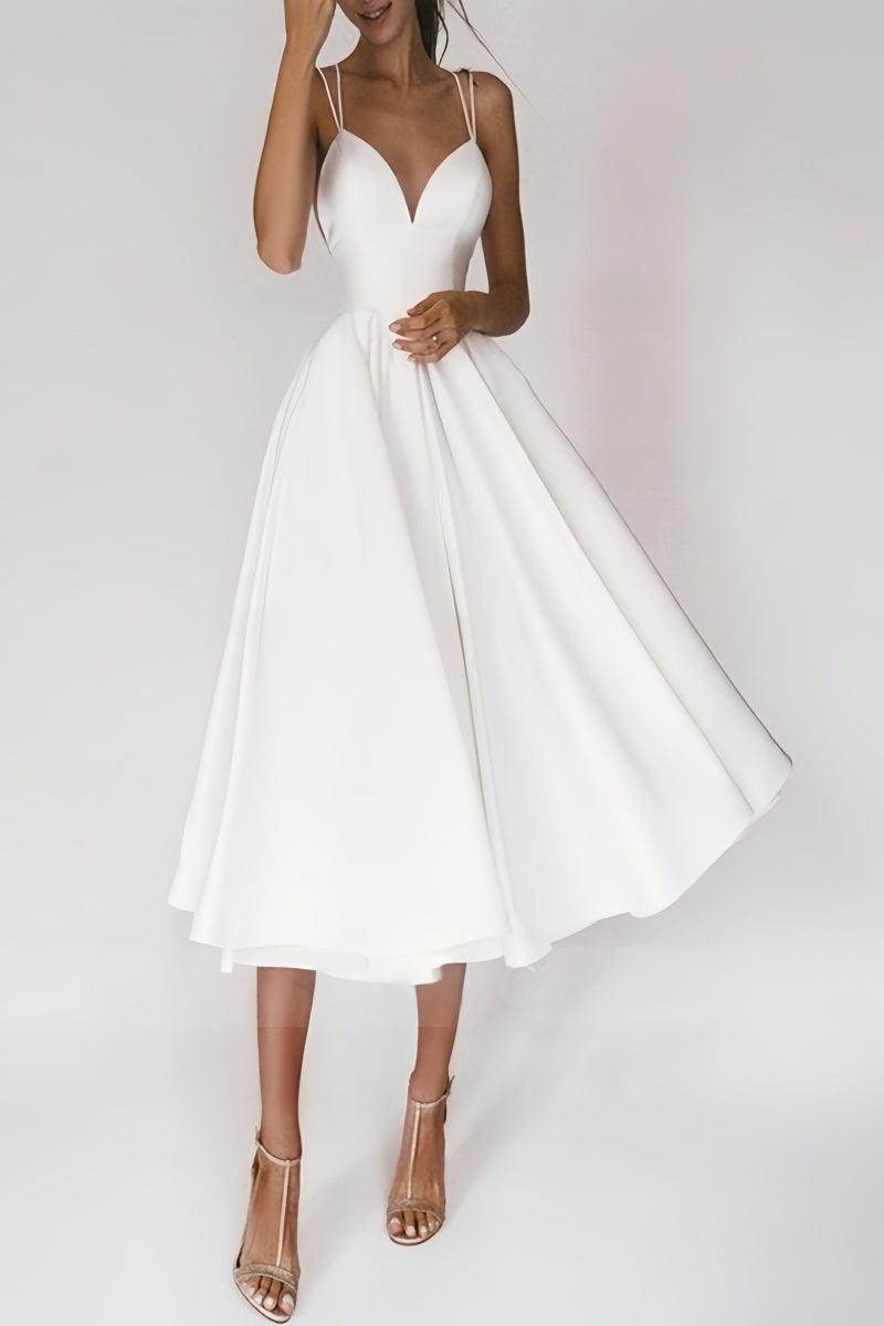 Elegant Satin Tea-Length Wedding Dress for Civil Ceremony & Elopement
